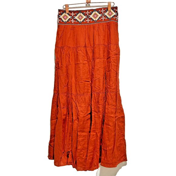 Anthropologie Women's Poetry Maxi Skirt Brown XS Geometric Pull On Bohemian - Picture 1 of 9